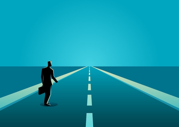 Vector businessman on a long road