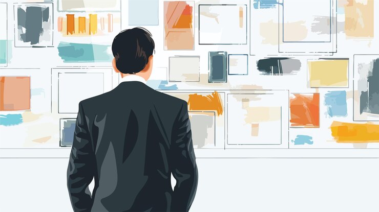 Vector businessman looking at collage drawing from back view