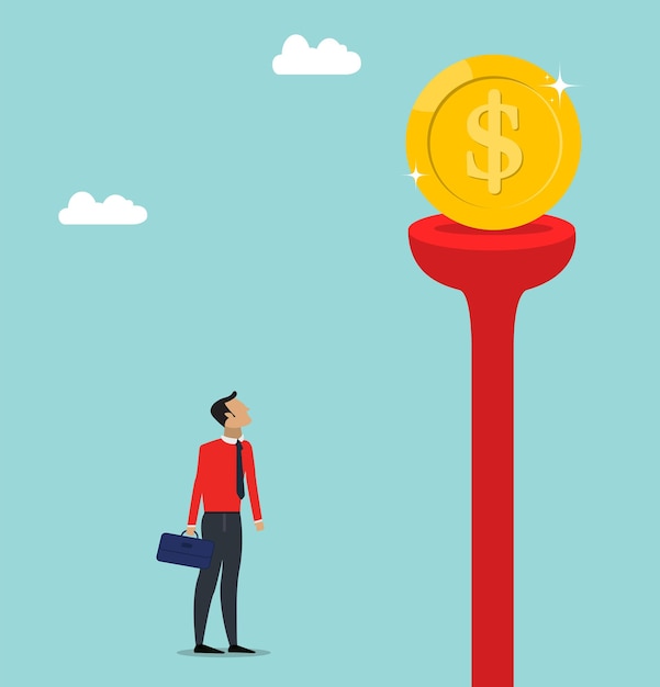 Businessman looking for dollar gold coin. business and finance concept, vector flat illustration.