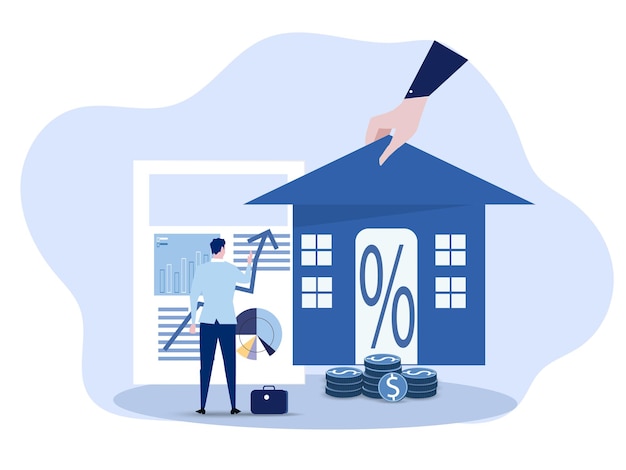 Vector businessman looking info for invest in real estate or housing price rising up concept vector illustration