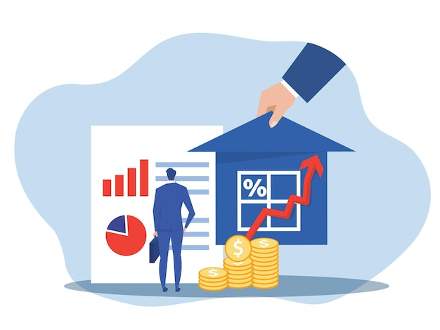 Vector businessman looking info for invest in real estate or housing price rising up concept vector