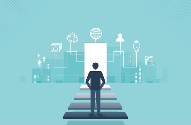businessman looking at the stairs leading to the door of modern digital concept of career success