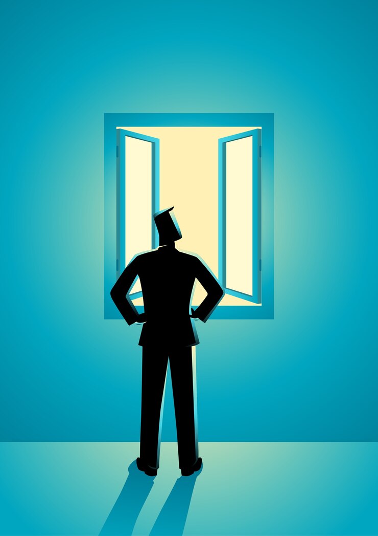 Vector businessman looking through window