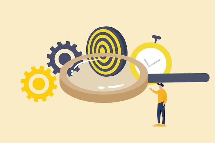 Vector businessman looking at time gear and target through magnifying glass concept effective time control