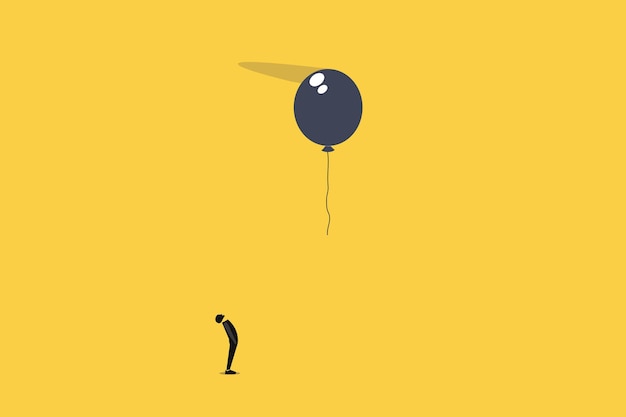 Vector businessman looking up fly balloon loneliness concept