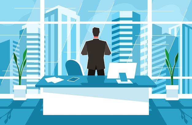 Vector businessman looks out the window in the office city landscape window view vector illustration