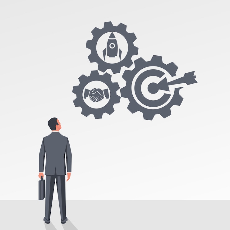 Vector businessman looks at working business gear work as a symbol of successful businessvector