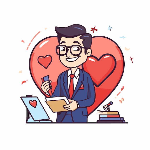 Businessman in love Vector illustration in flat cartoon style Man in suit and glasses with a folder in his hands