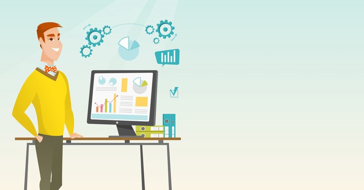 Vector businessman making presentation on computer.