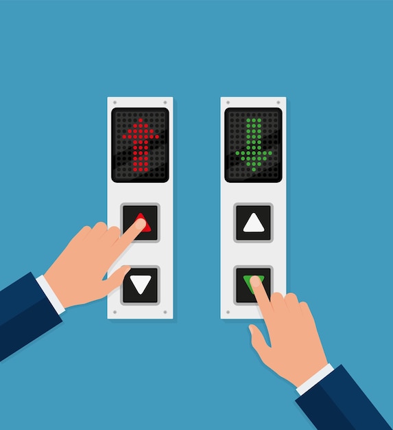 Businessman or manager hand pressing elevator button Lift call buttons panel Flat vector illustration