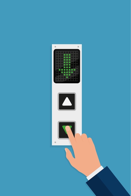 Vector businessman or manager hand pressing elevator button lift call buttons panel flat vector illustration