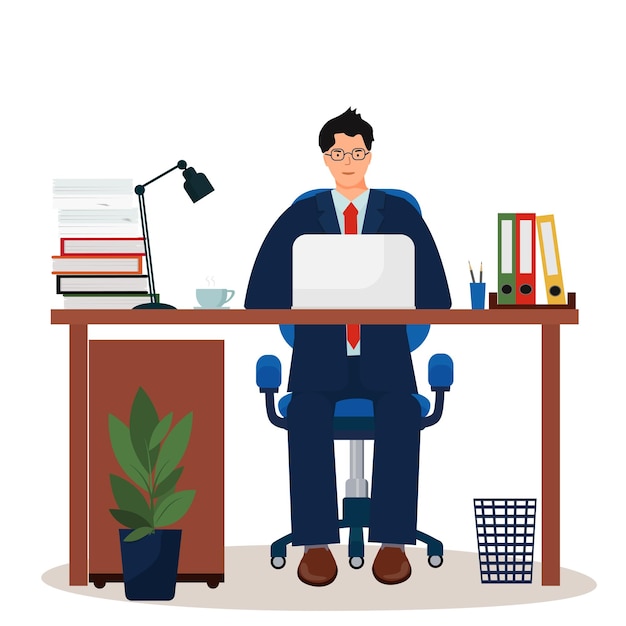 Vector businessman manager office worker at his workplace a desk an armchair and an employee