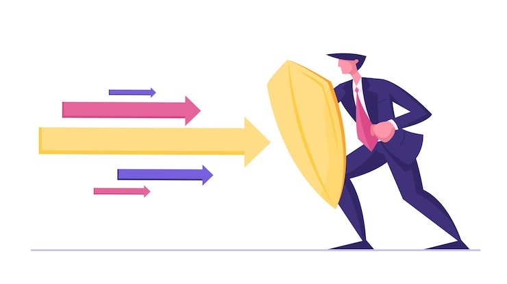 Vector businessman or manager wearing formal suit holding golden shield protecting himself
