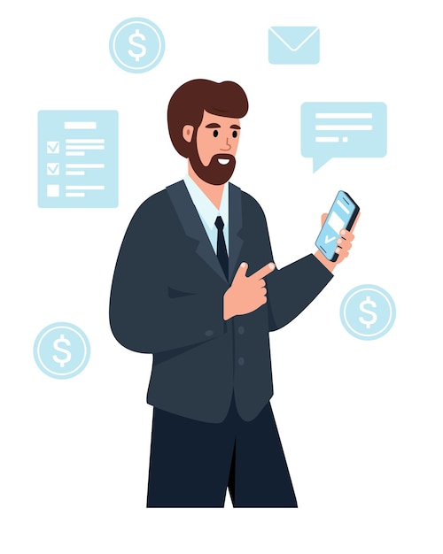 Vector businessman or manager with using smartphone for work online paying social media business