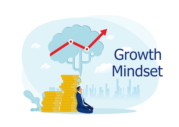 Businessman meditate under big brain with thinking growth mindset to business profit creative concept