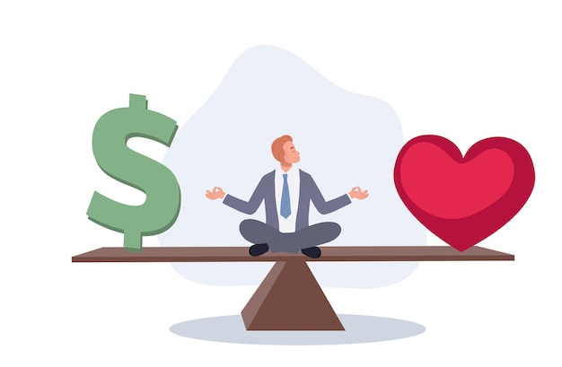 Vettore uomo d'affari meditare sull'equilibrio altalenante con il denaro e il simbolo del cuore concetto di equilibrio tra lavoro e vita privata illustrazione vettoriale