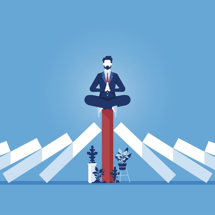 Businessman meditating on unique red domino tile among falling white dominoes be different concept