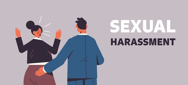 Businessman molesting female employee sexual harassment at work concept lustful boss touching woman's butt horizontal portrait vector illustration