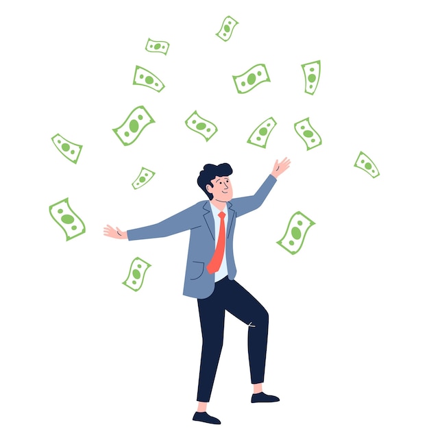 Businessman in money rain concept Financial abundance and independent of entrepreneur Finance successful investments wealth recent vector scene of businessman illustration under rain profit