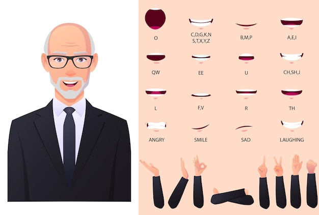 Vector businessman mouth animation set and lip sync set man in black suit with hand gestures premium vector