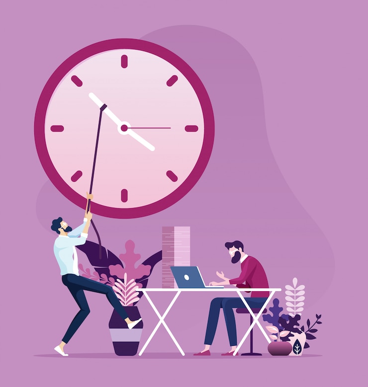 Vector businessman move clock hands to change the time 
