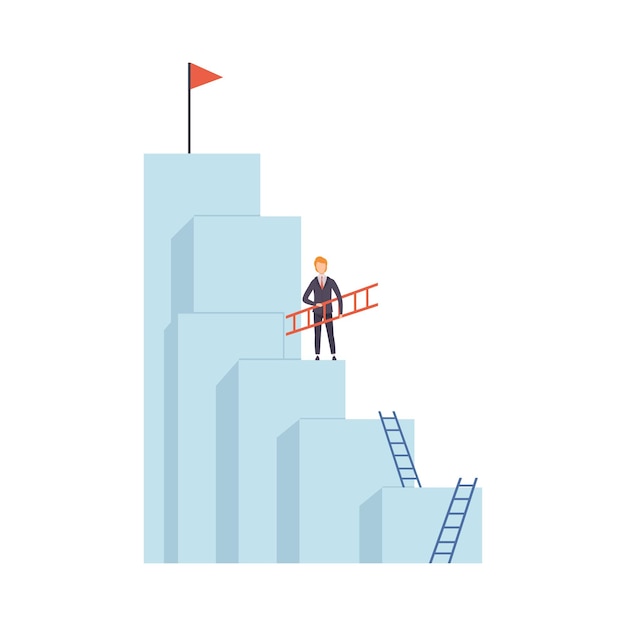 Businessman Moving Up Stairway to the Top of Mountain Business and Career Development Vector Illustration on White Background