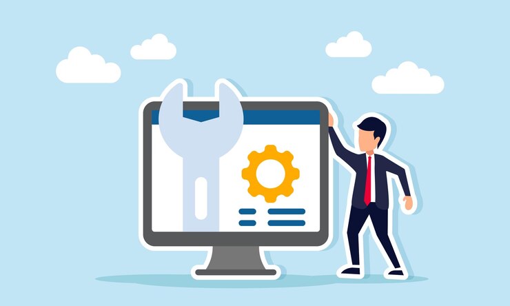 Vector businessman near a monitor displaying a mechanical key and system gear representing maintenance of a business application system illustration