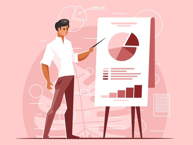 Businessman near the whiteboard with charts presents an annual report Vector illustration