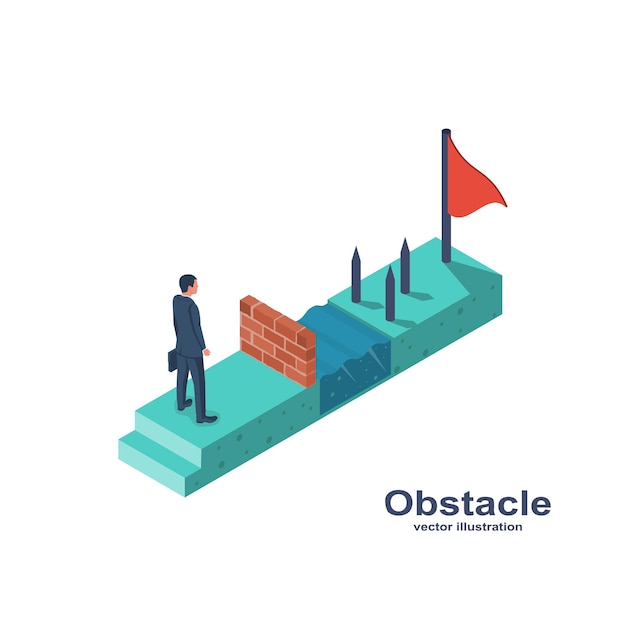 Vector businessman obstacle metaphor conquering adversity hurdle on way barrier on way to success