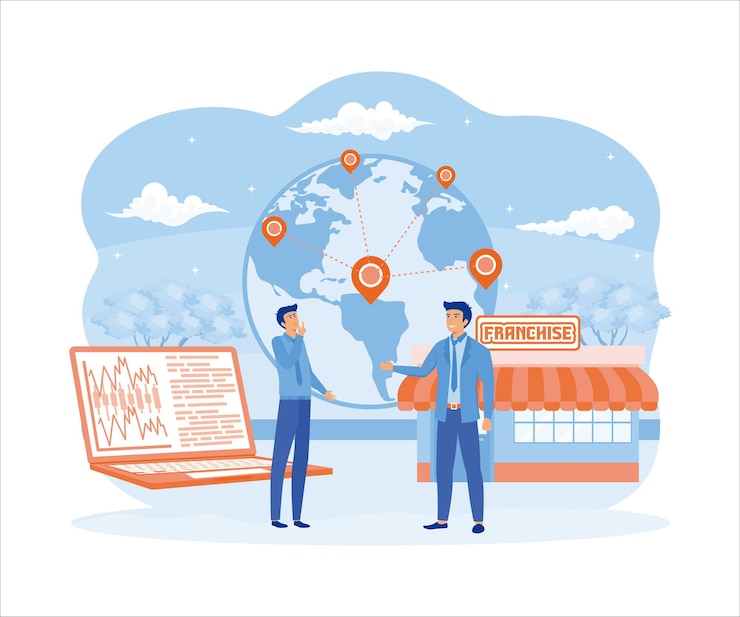 Vector businessman offering franchise trading network shop to the world map business concept flat vector modern illustration