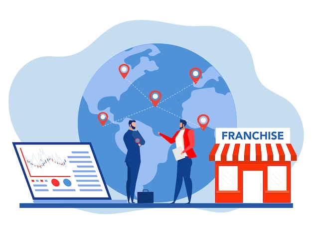 Businessman offering Franchise trading network shop to the world map business concept