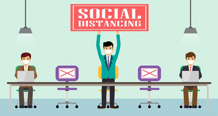 Vector businessman office people maintain social distancing. new normal at job working. covid-19 sign  