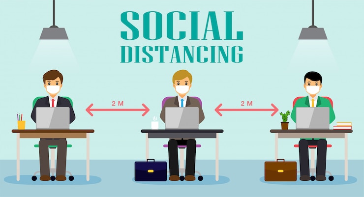 Vector businessman office people maintain social distancing. new normal at job working.
