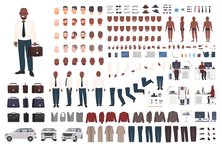  Businessman or office worker creation kit. collection of flat male cartoon character body parts, fa