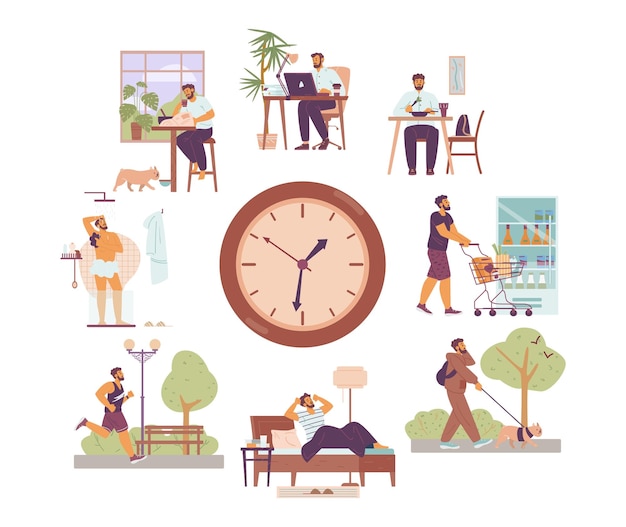 Businessman or office worker daily routine flat vector illustration isolated