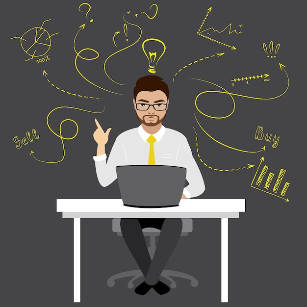 Businessman office worker sitting at computer finance idea concept with doodle signs cartoon vector