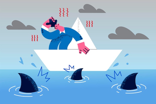 Вектор Бизнесмен на бумажной лодке в воде в окружении акул чувствует себя напуганным и напуганным романом. сотрудник или работник мужского пола, участвующий в рискованной коммерческой сделке или проекте. плоская векторная иллюстрация.