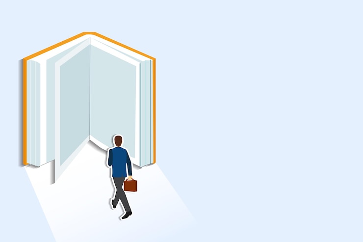 Vector businessman opening a giant book education knowledge concept paper cut style