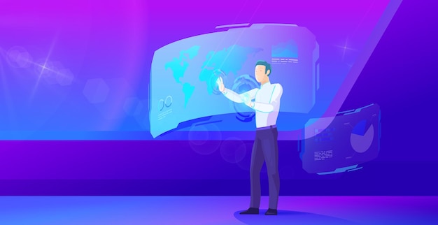 Businessman operates virtual interface ultraviolet illustration