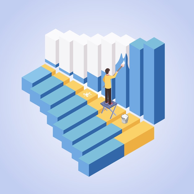 Businessman painting histogram bars isometric illustration