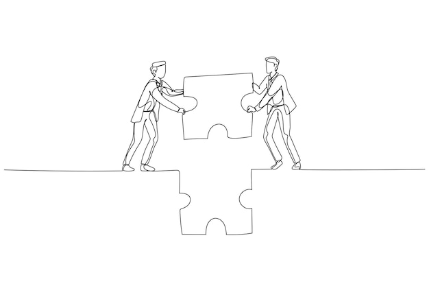 Businessman and partner hold puzzle and try to make bridge Concept of cooperation