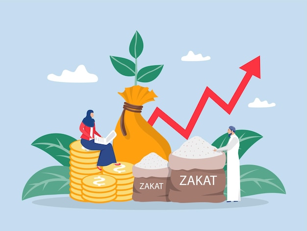 Vector businessman pay zakat from profit growth on ramadan kareem concept of zakat