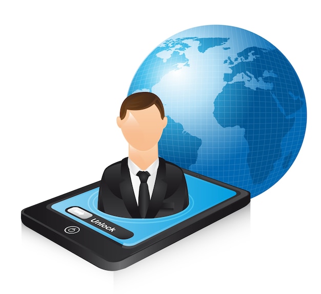 businessman over phone and planet vector illustration