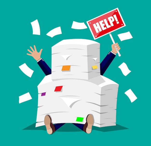 Vector businessman in pile of office papers