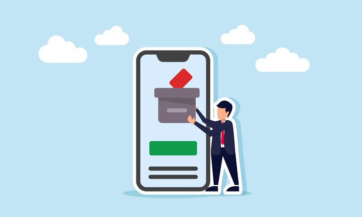 Vector a businessman places a vote box on a smartphone screen illustration of a digital system for voting