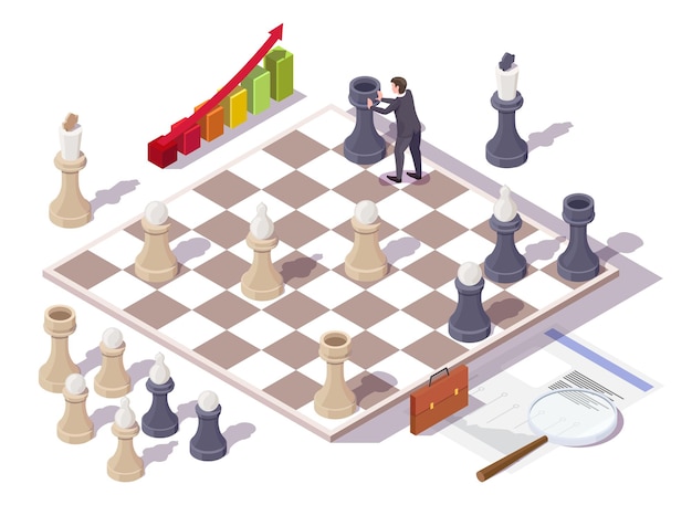 Businessman playing chess board game vector isometric illustration business strategy concept