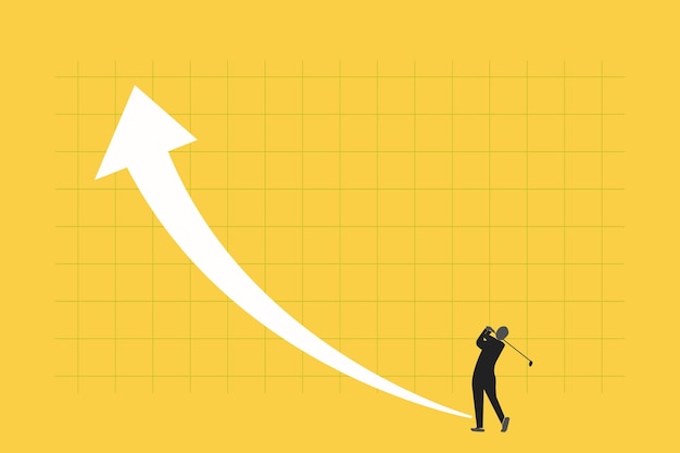 Businessman playing golf with arrow up as symbol of achievement and success Business growth and improvement target high profit stock market and success