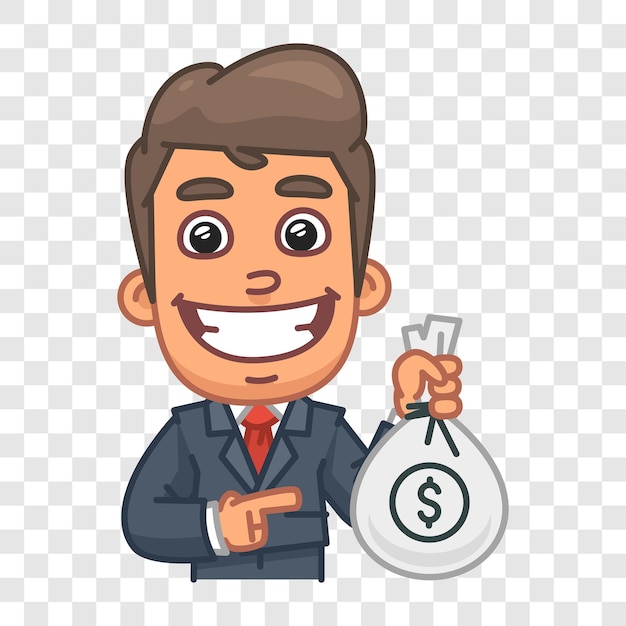 Businessman pointing to bag of money Funny character Vector character