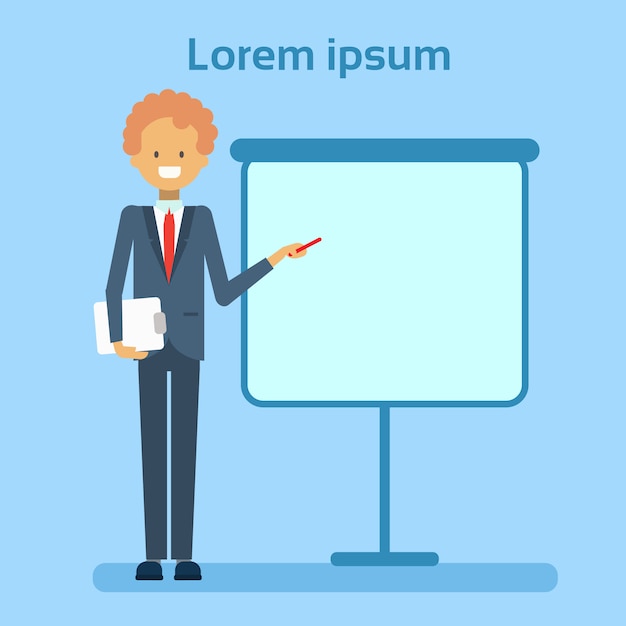 Vector businessman pointing to empty white board