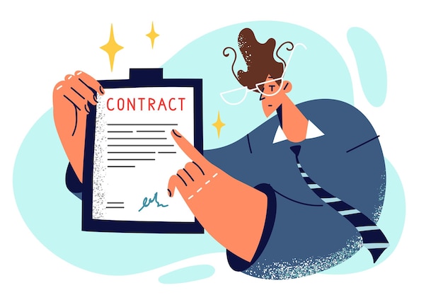 Businessman pointing finger at signed contract to force partners to fulfill their obligations